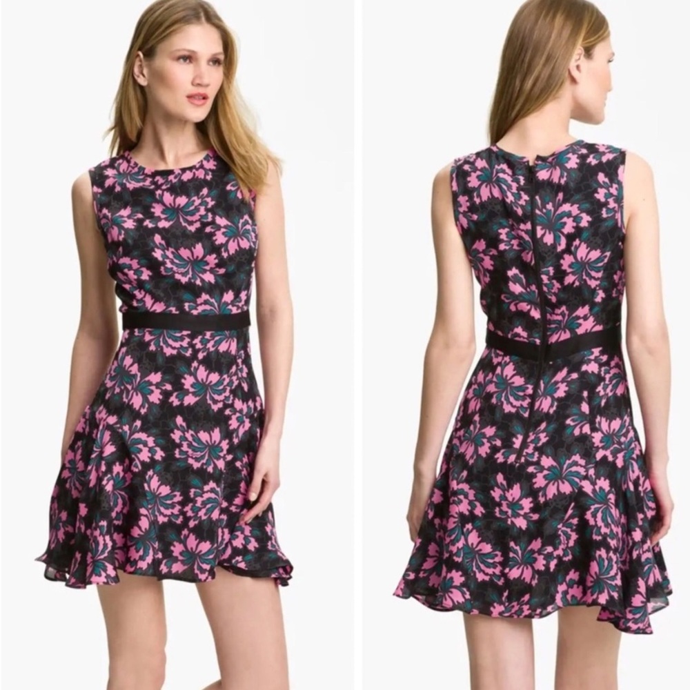 EUC Milly sleeveless floral print 100% silk fit and flare fully lined dress
